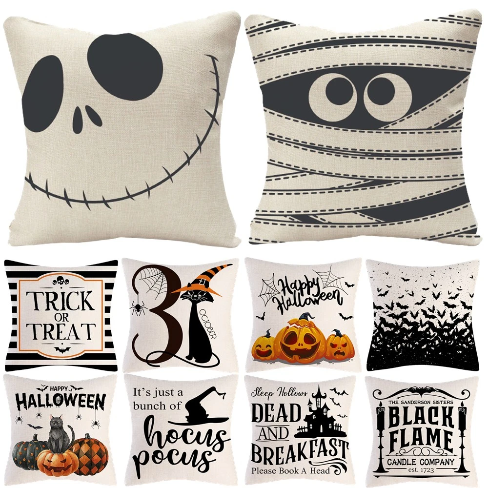 

2022 New Linen Halloween Fall Cushion Cover 18Inch Trick or Treat Farmhouse Cat Witch Home Throw Pillow Covers for Couch Decor