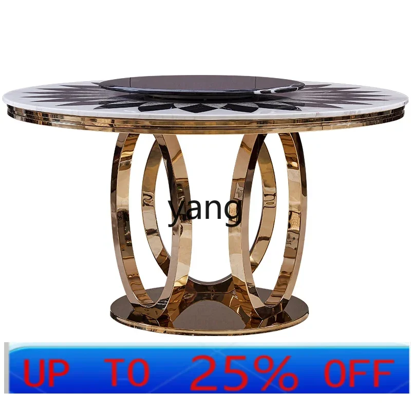 LTT round dining table and chair combination simple household stainless steel marble dining room with turntable