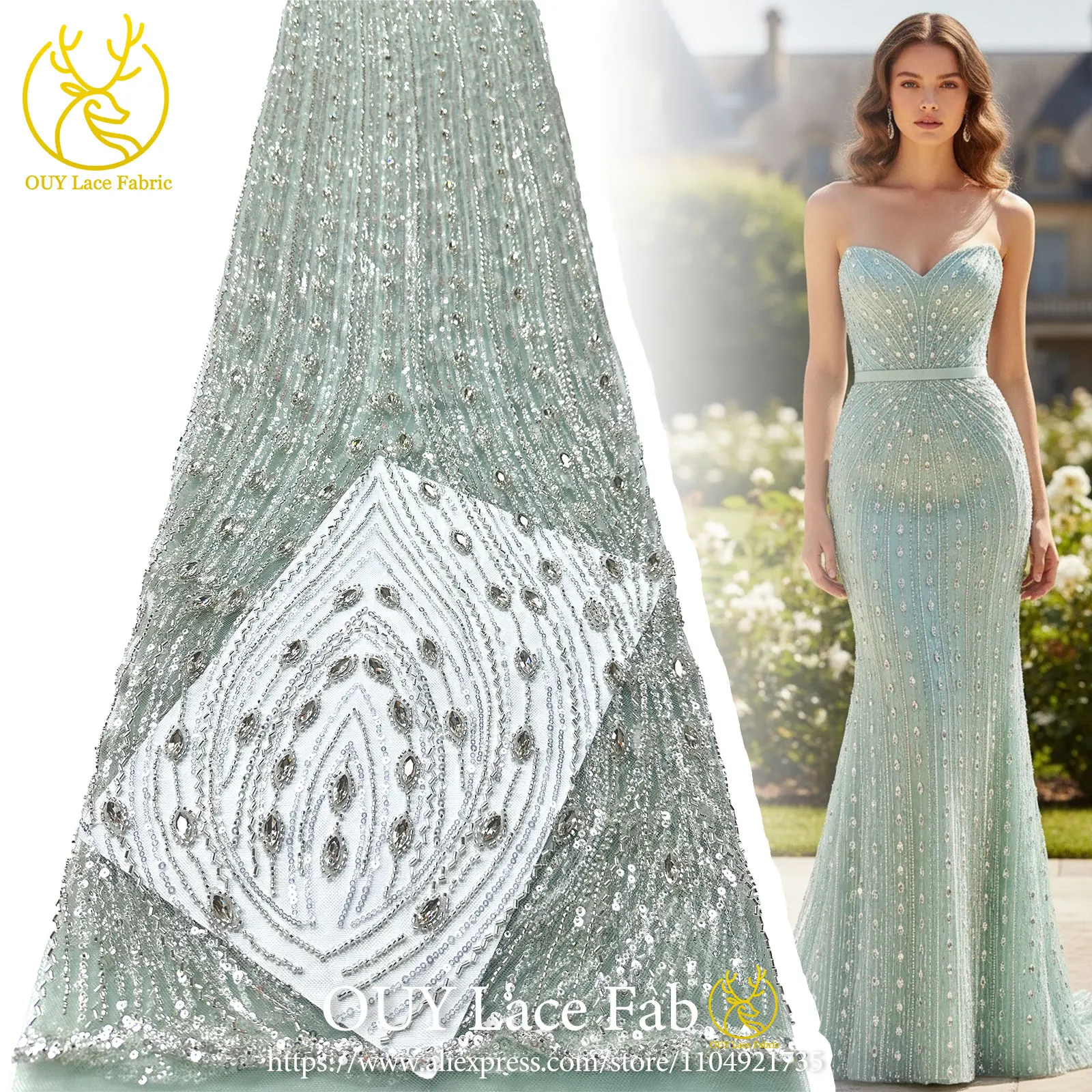 Luxurious Nigerian Diamond Lace Fabric, 2026 Exquisite African Sequined Tulle Lace Women's Wedding Dress Sewing Material