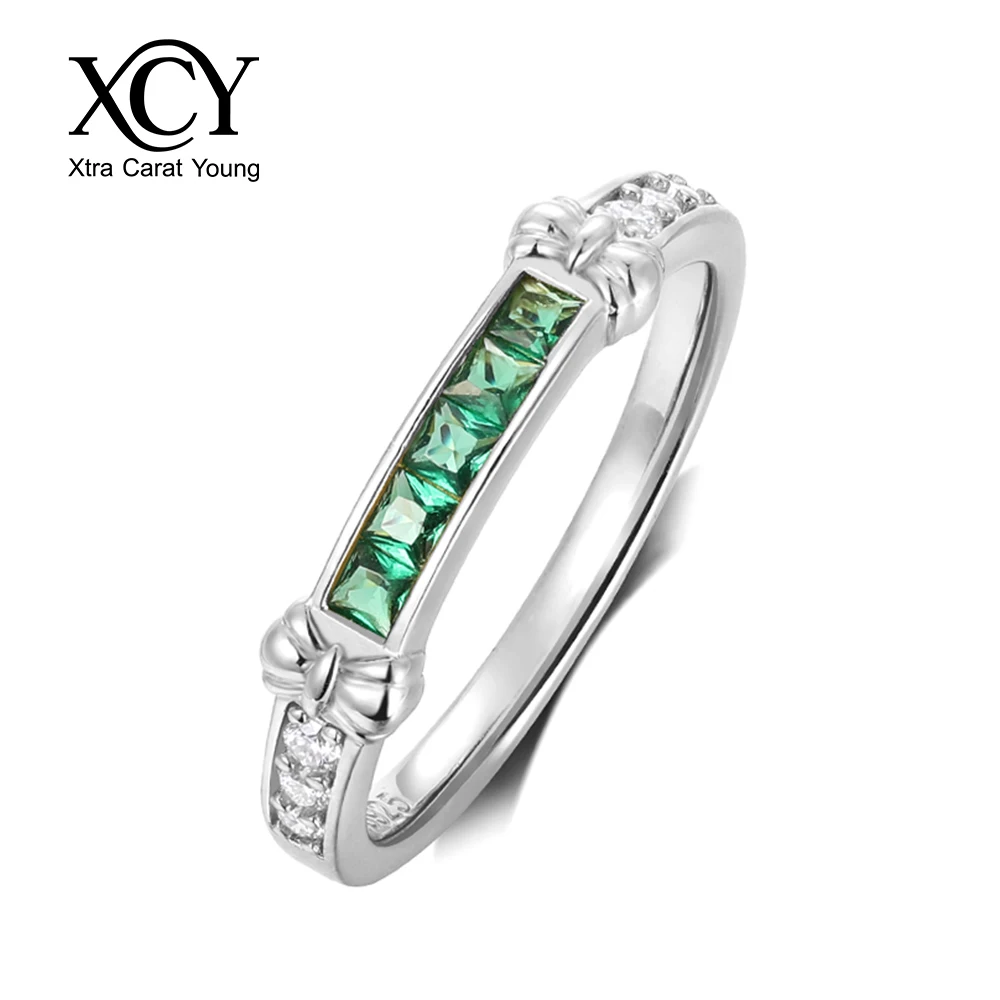 Anillo de Esmeraldas y Moissanita Cultivadas en Laboratorio XCY para Mujer, Plata de Ley 925, Diseño de Lazo, Anillo Apilable, Joyería Fina para Bodas y Fiestas