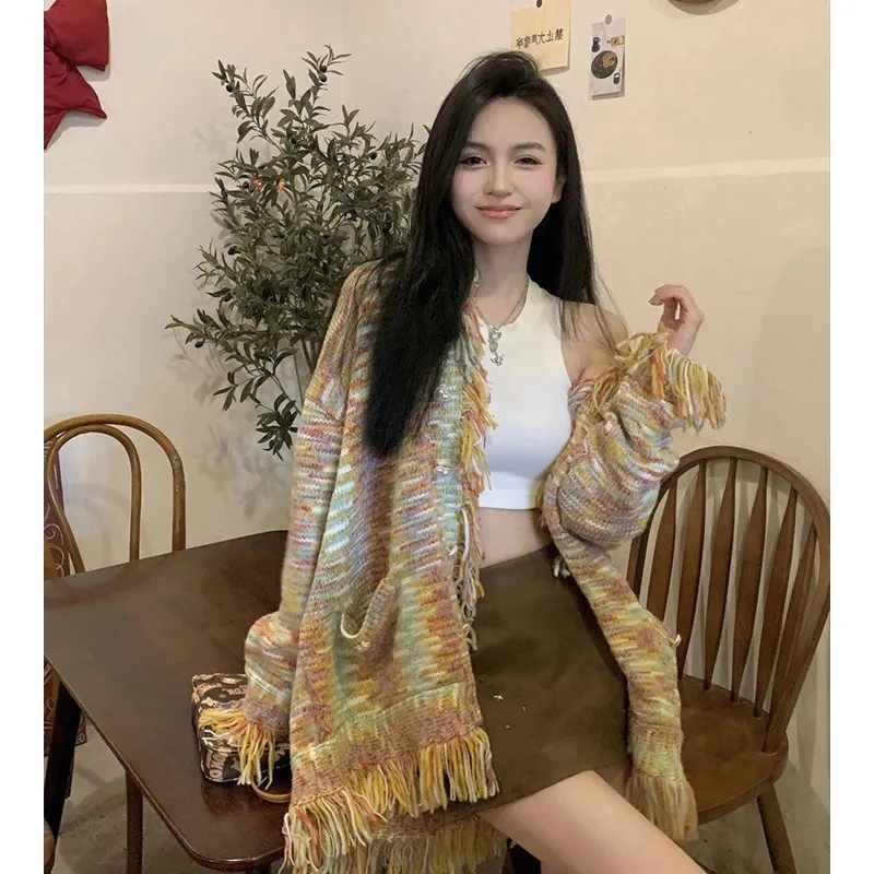 Y2K2024 Design Sense Niche Rainbow Tassel Lazy Sweater Women'S Autumn And Winter New Fashionable Foreign Style Knitted Cardiga