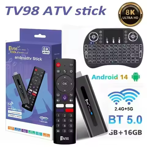 TV98 ATV Smart TV Stick 8K Android 14 H313 2.4G/5G Wifi Support OTA Media Player TV Receiver BT5.0 2GB 16GB Voice Remote TV Box
