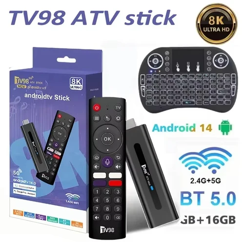 TV98 ATV Smart TV Stick 8K Android 14 H313 2,4G/5G Wifi compatible con reproductor multimedia OTA receptor de TV BT5.0 2GB 16GB caja de TV remota por voz