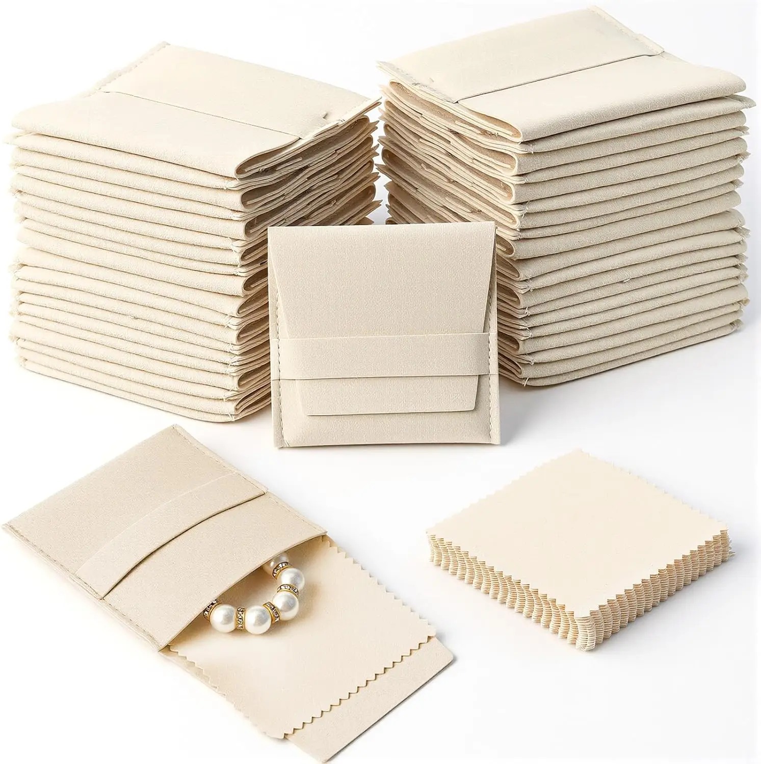 

40 Pcs Microfiber Jewelry Pouch, 8 x 8 cm Beige Microfiber Jewelry Packaging Bag with 20 Pcs 7 x 7 cm Cleaning Cloth Envelope
