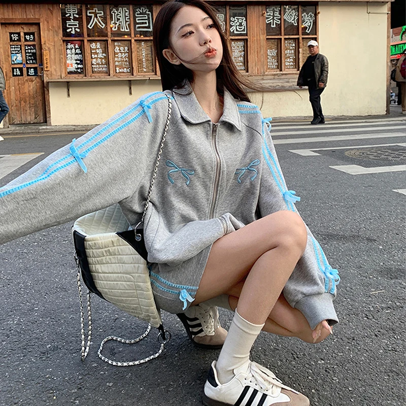 Grey Hoodie Set Women Spring Autumn Bow Embroidery Turn-down Collar Zipper Loose Coats Casual Skirts Chic Sweet Two Piece Set