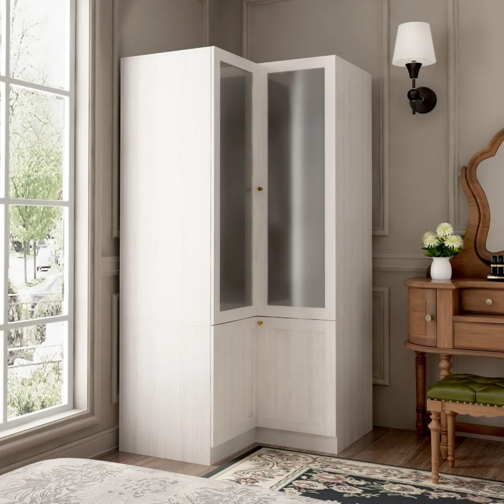 L-Shape Wardrobe Armoire Closet with Hanging Rod & Shelf, Bedroom Armoire with Frosted Glass Doors, Wardrobes