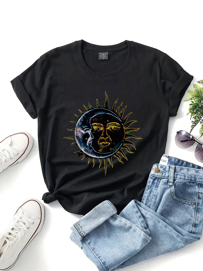 Vintage Sun Moon Planets Print Summer New Short Sleeve Women Clothing T-Shirt Graphic Clothing Women\'s Tee Tops