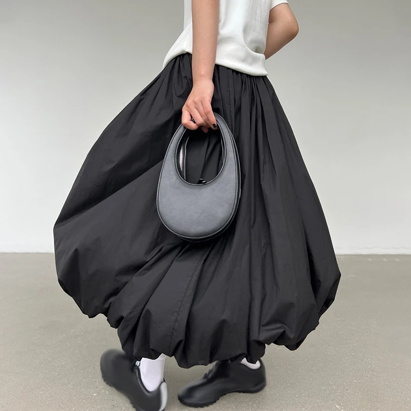 Pleated Skirt Women Elegant Solid Elastic Waist A-line Vintage Korean Fashion Loose Maxi Skirt Casual Streetwear 2024 New