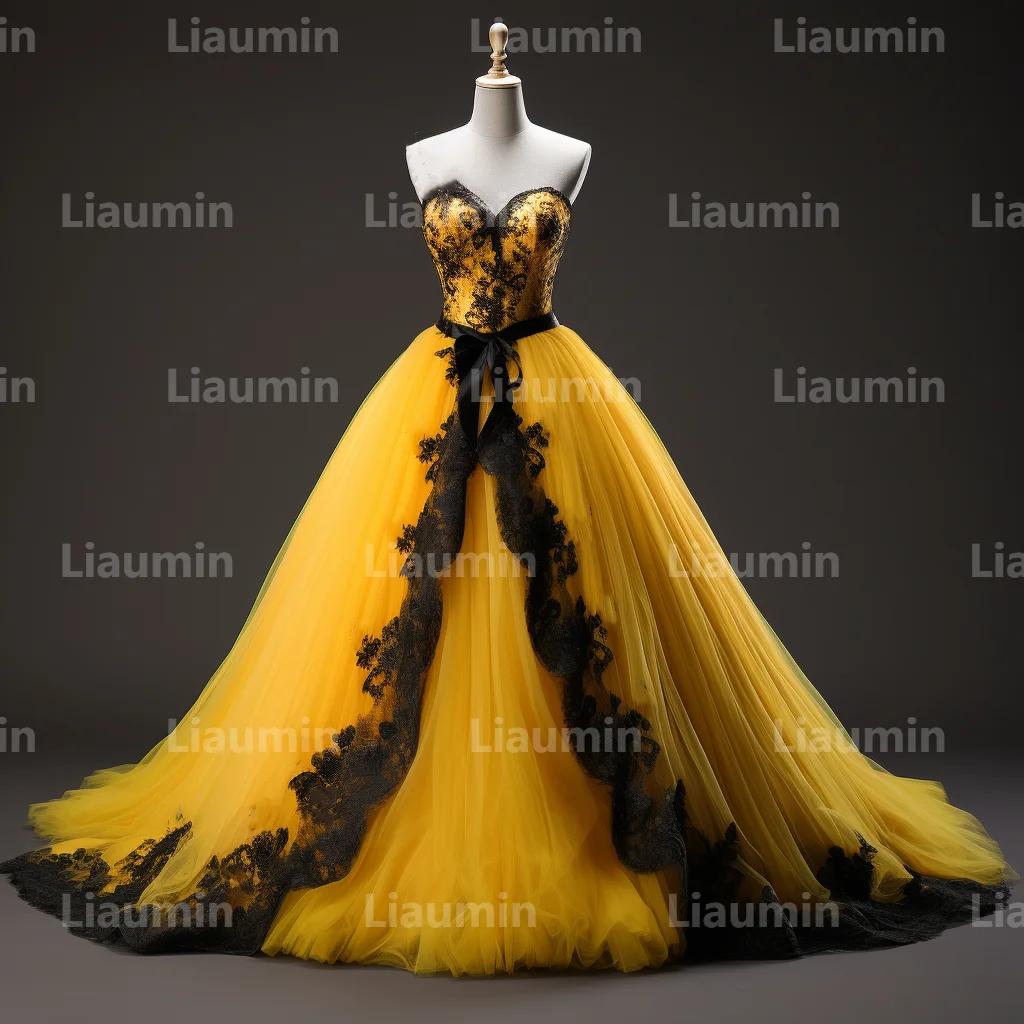 Yellow Tulle And Black Strapless Evening Dress Prom Gowns A Line Full Length Formal Brithday Party Clothing Lace Up Back A2-6