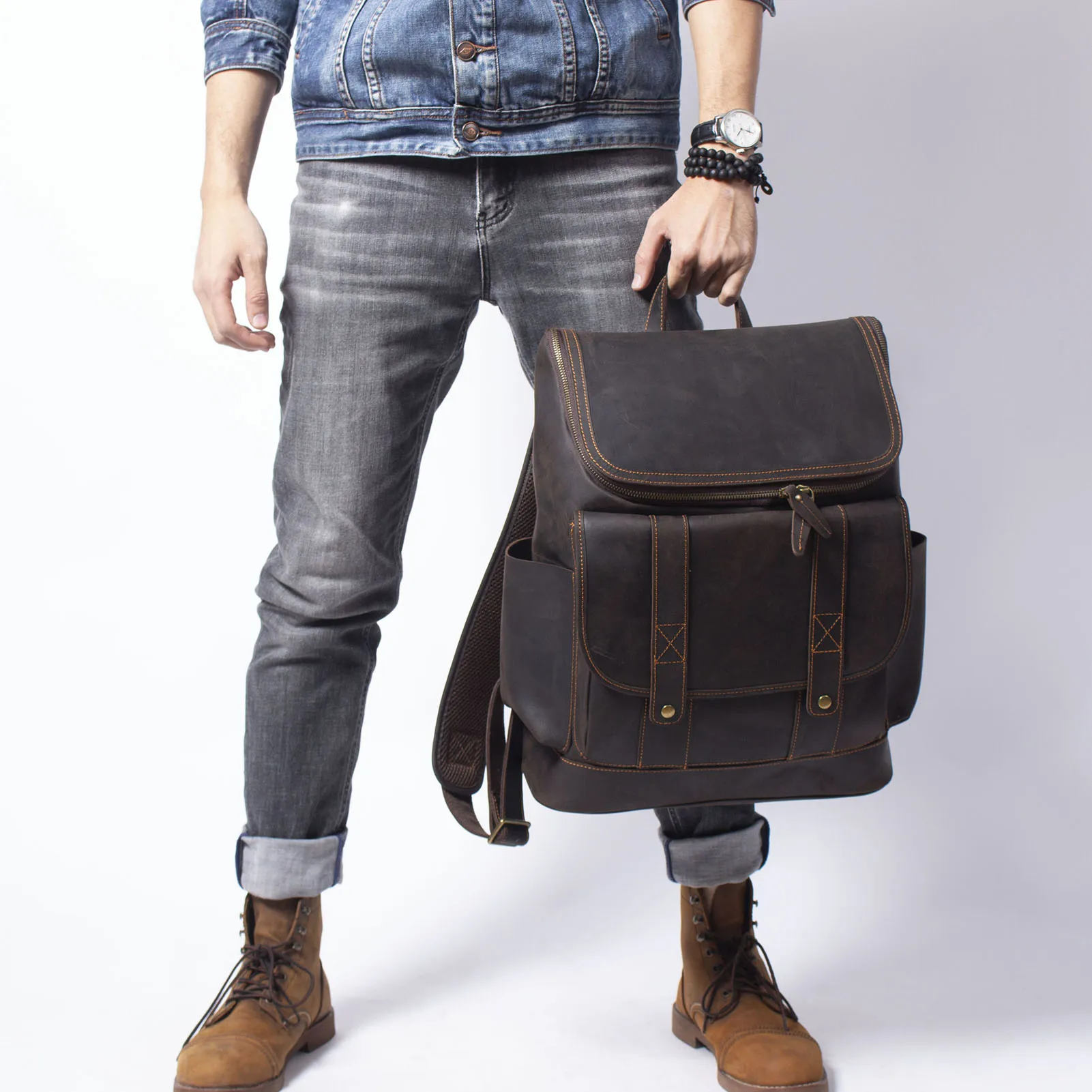 Vintage Echtleder Herrenrucksack Große Kapazität Top-Grain Leder Laptop-Umhängetasche Crazy Horse Tasche Mode für Männer – Detail 4