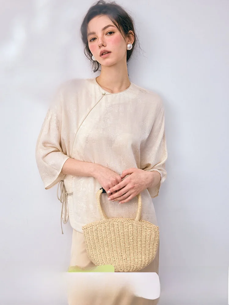 

Handmade Mixed Fibre Women's Shirt with Button Design Traditional Chinese Style Loose Fit Long Sleeve Pure Color Vever Zhang ...