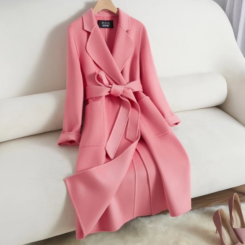 White Belt Double-sided Cashmere Coat Women's 2024 New Fashion Temperament Winter Slim Wool Coat Solid Female Long Windbreaker