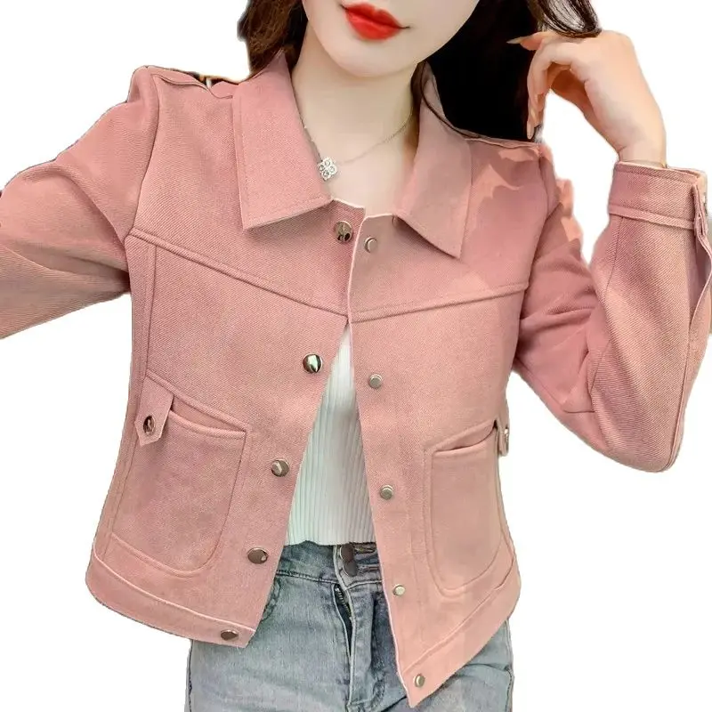 Spring Autumn Short Suede Jacket Women 2024 New Loose Lapel Coat Pure Colour Covered Button Outerwear Fashion Pocket Top Female