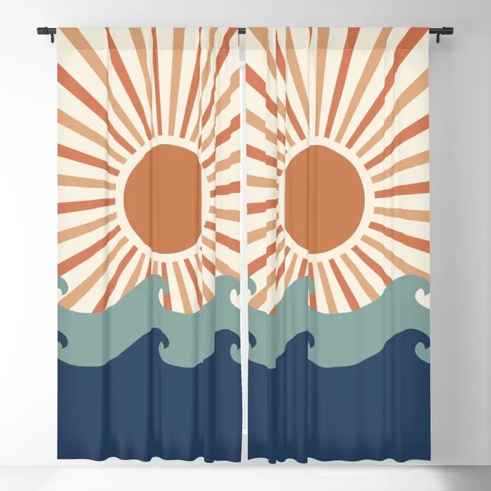 Retro Sun and Wave Art Blackout Curtains 3D Print Window Curtains for Bedroom Living Room Decor Window Treatments