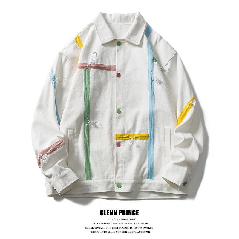 

Streetwear Vintage Contrast Color Splicing Collar Men's Denim Jaet Loose Fit Cotton Youth Trend Spring Autumn Outerwear