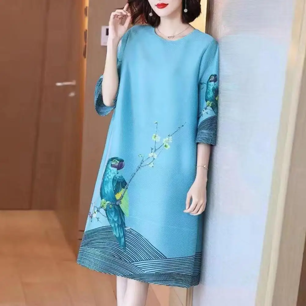 

Retro Print Dress Women Dress Stylish Parrot Print Midi Dress for Women Retro Three Quarter Sleeve Office Party Loose Fit Knee