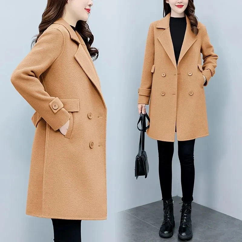 

Women V-neck Woolen Coat Nice New Autumn Winter Mid-length Thickening Wool Overcoat Female Fashion Double-breasted Woolen Coats