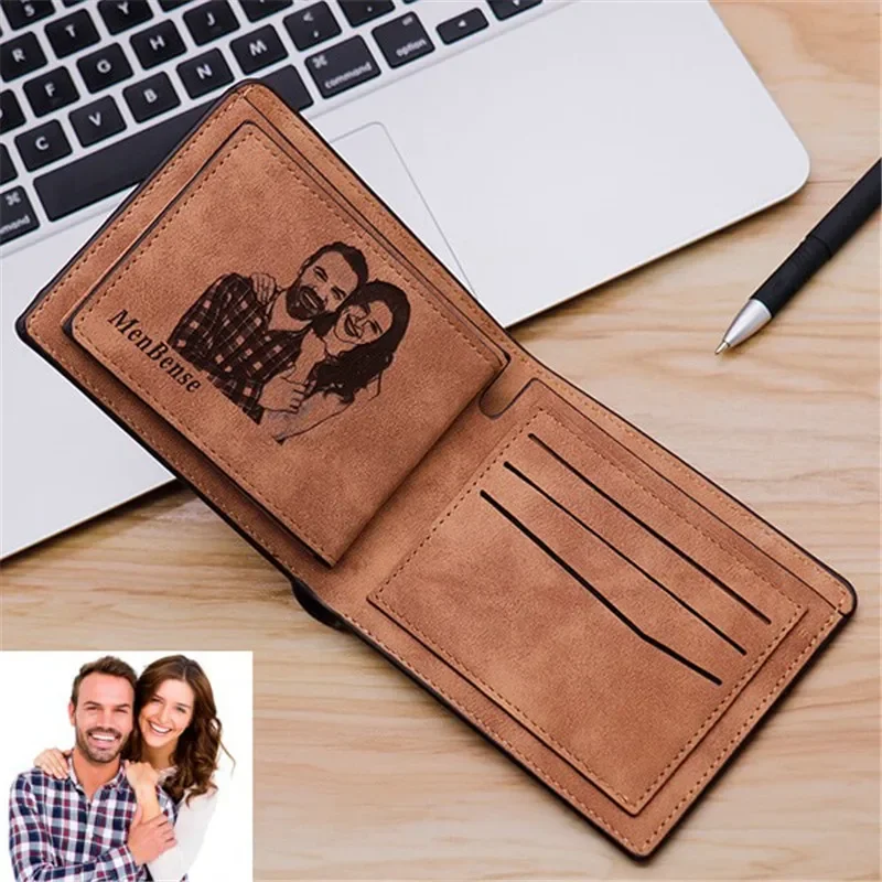 Men's Short Photo Inside Wallet Engraved Photo Personalized High Quality Vintage Slim Wallet Father's Day Dad Christmas Gift
