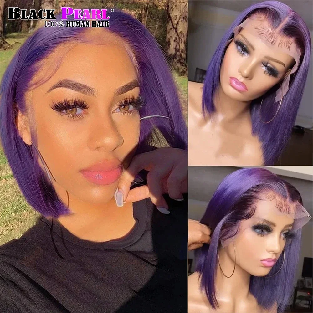 

Purple Short Straight Bob T Lace Front Human Hair Wig Glueless Remy Brazilian Hair 180% Density for Woman Cosplay Wig