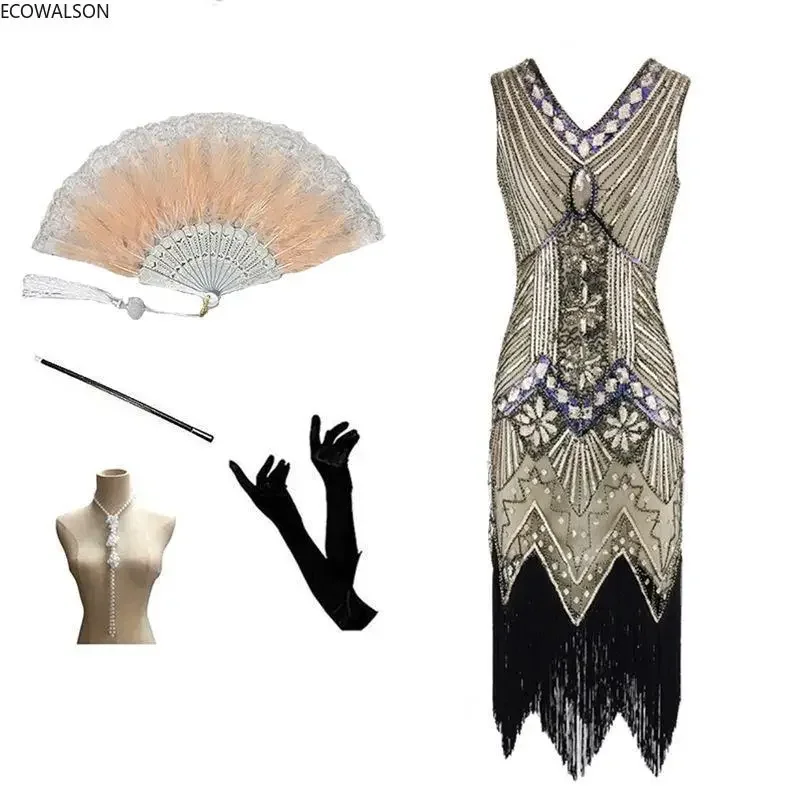 BSR 1920s Flapper Dress Great Gatsby Party Evening Sequins Fringed Dresses Gown Dress with 20s Accessories Set for Women Ladies