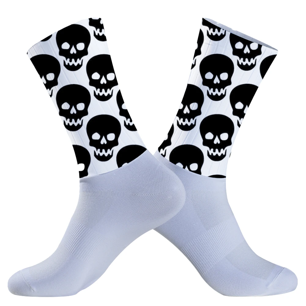 New Men Skull pattern Bicycle Sport Running Bike Socks Calcetines Anti Slip Silicone Summer Aero Socks Whiteline Cycling Socks