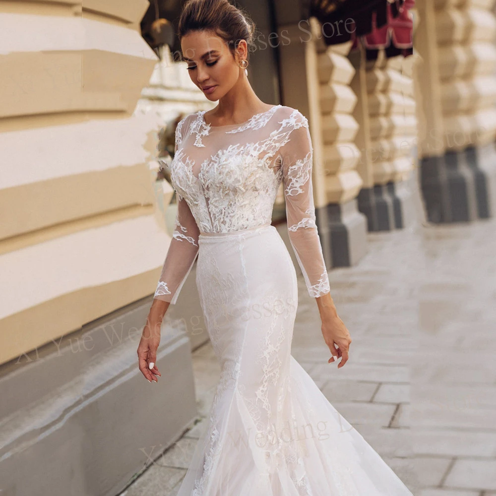 Modest Sexy Mermaid Exquisite Wedding Dresses Tulle Lace Applique Button Back Bride Gowns Long Sleeve Illusion Vestido De Novia