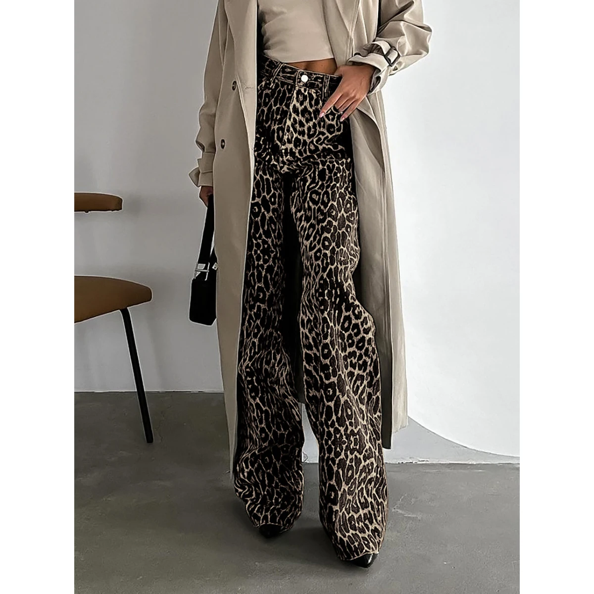 2024 Women Leopard Print Causal Pants 100% Cotton Material High Waist Women Wide Leg Pants Trousers