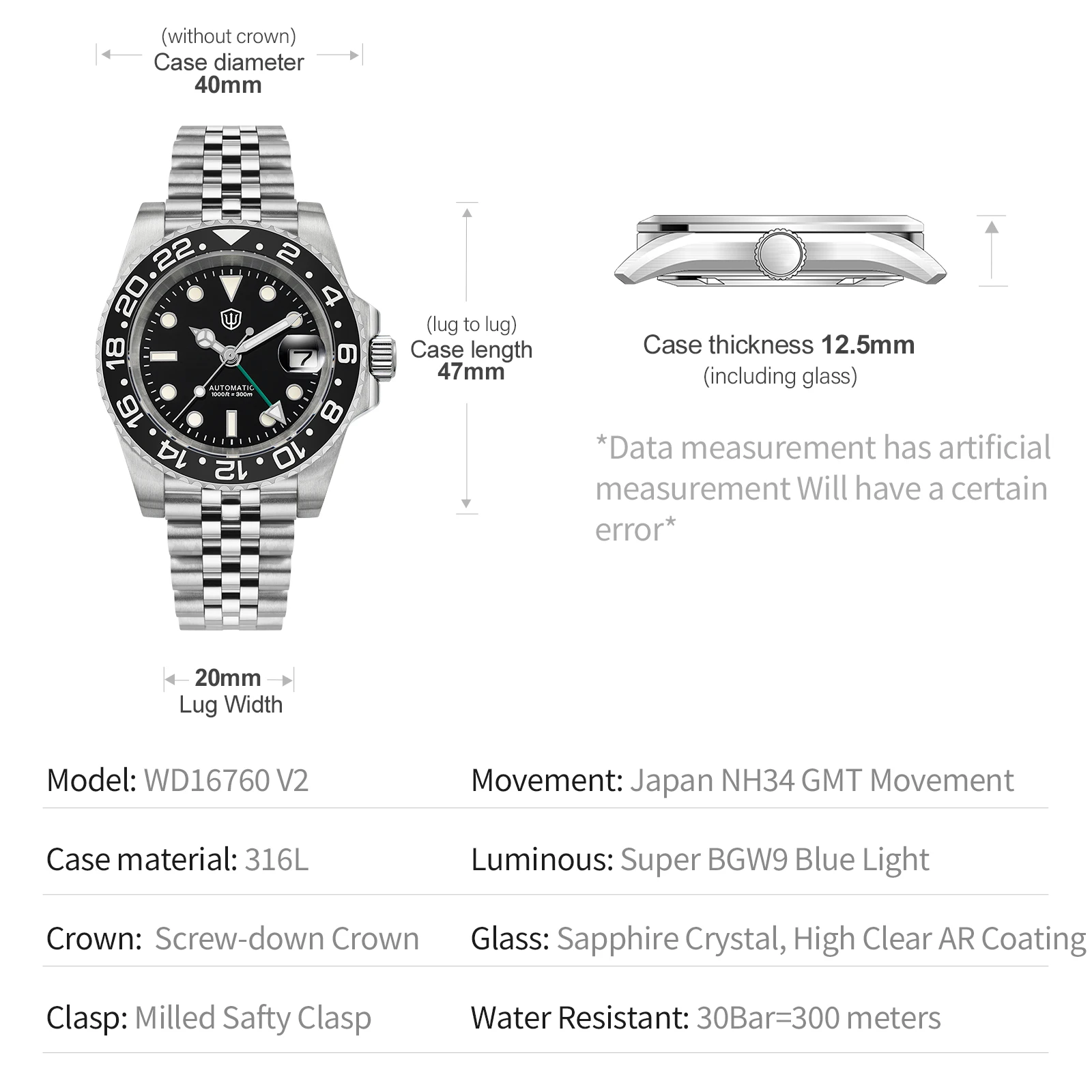 Watchdives NEW WD16760 V2 NH34 Sub GMT Watch Stainless Steel Sapphire Automatic Movement BGW9 Luminous 300m Waterproof Watches