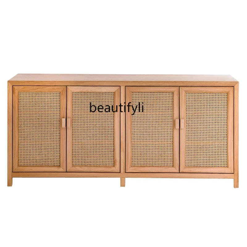 Nordic Solid Wood Rattan Sideboard Cabinet  Simple Wood Color Shoe Cabinet Living Room Storage Cabinet Customization