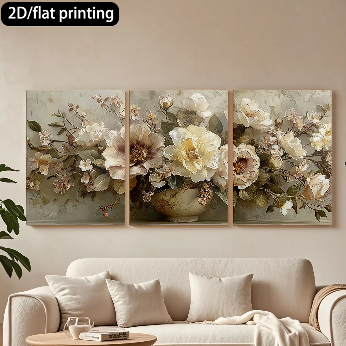 

2D плоская печать, 3-х частная картина на холсте в деревянной раме, декоративная живопись, цветочная композиция, ваза в винтажном стиле.