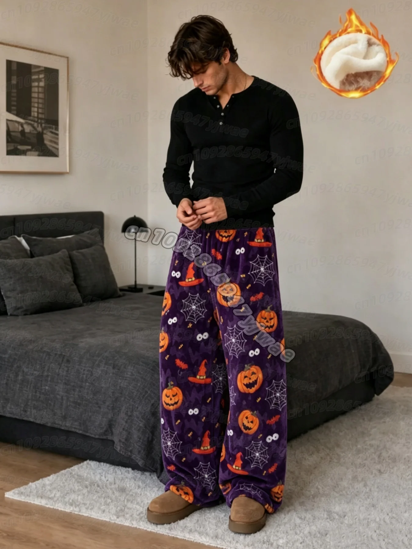 2026 Herbst HERREN Halloween Gruseliger Geist Kürbis Schlafanzughose, Gemütliche Plüsch-Loungehose, Pyjamahose – Detail 7