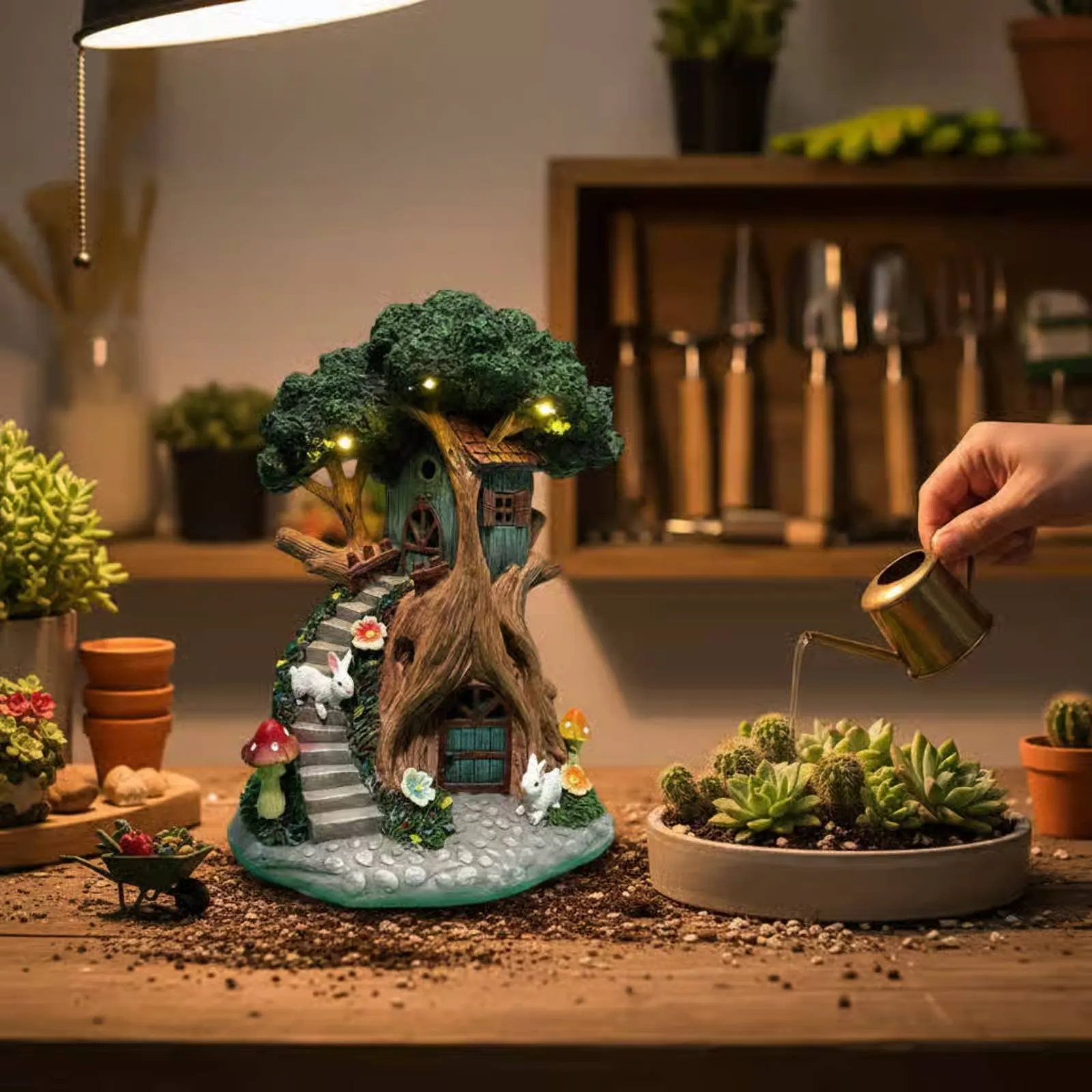Fairy Tree House Resin Material Treehouse Figurine Fairy House Statue Hand Painted Glowing Garden Statue Original Design - view 5