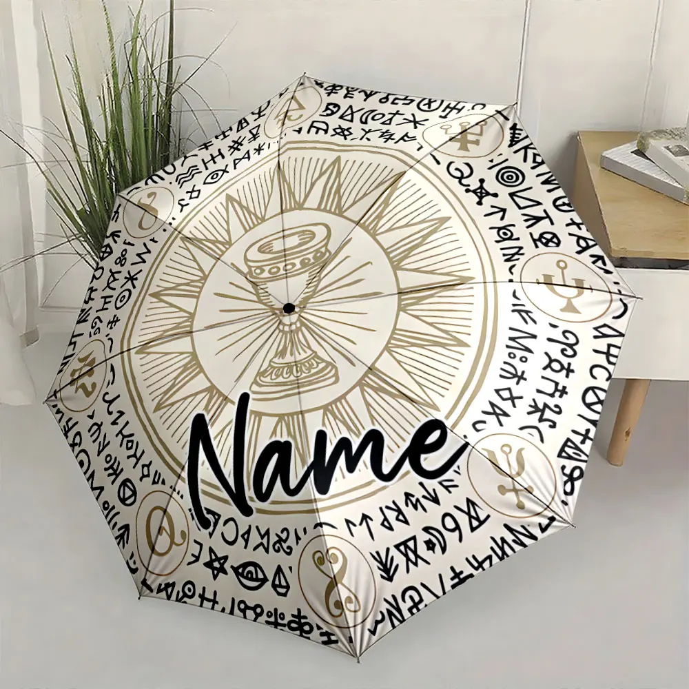 Custom Name Unique Umbrella Design with Mystical Symbols in White Print 8 Iron Ribs Folding Umbrella Auto-Open Fashion Sunshade