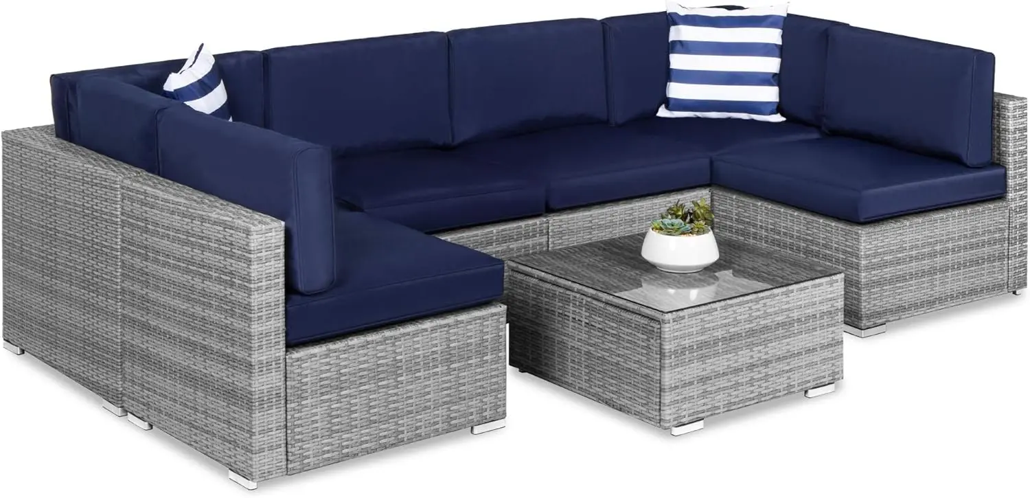 

7-Piece Modular Outdoor Sectional Wicker Patio Conversation Set w/ 2 Pillows, Coffee Table, Cover Included
