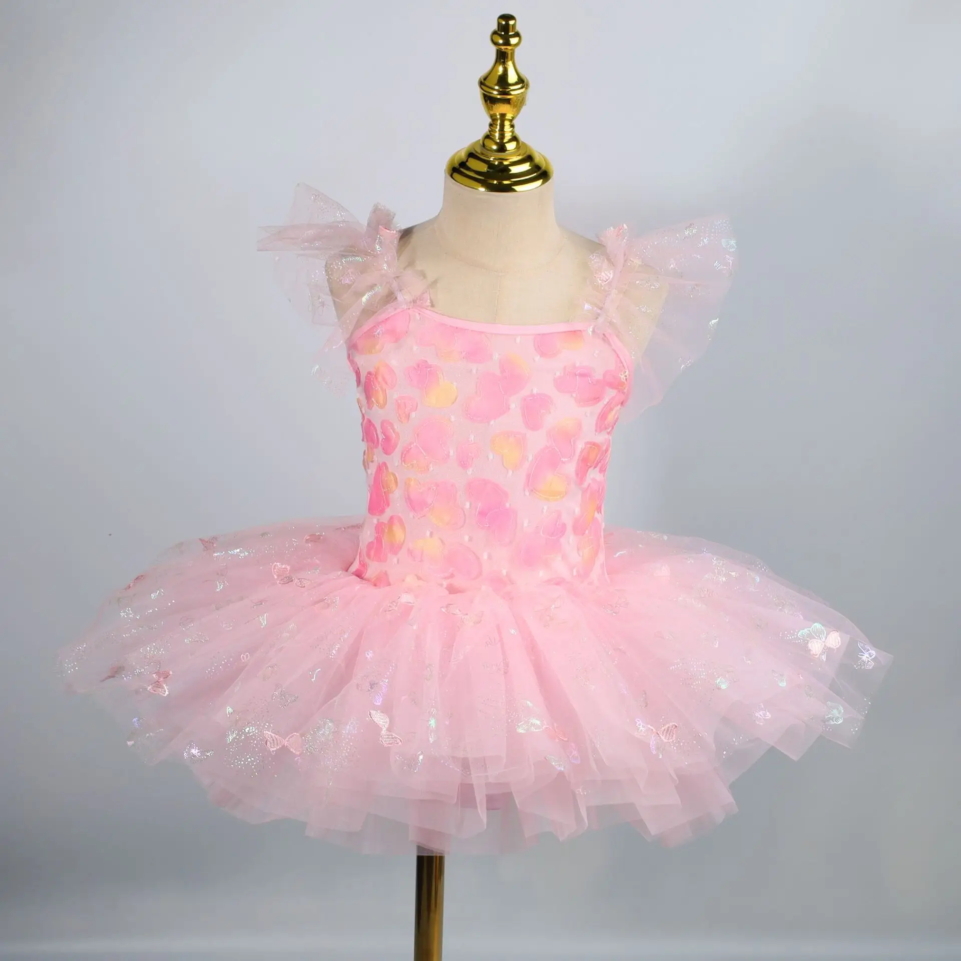 新しい子供用チュチュドレス、パフォーマンスドレス、プリンセス、スパンコール付きガーゼスカート、女の子用バレエダンスガーゼスカート