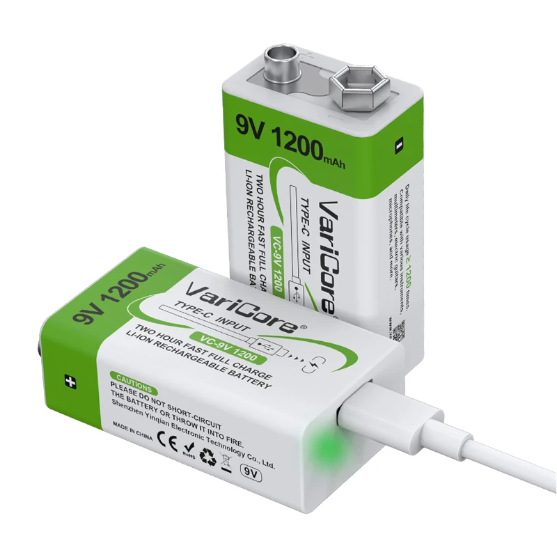 VariCore 1200mAh 9V 리튬 이온 배터리 6F22 9V 충전식 배터리 USB 마이크 멀티 미터 RC 장난감 온도 총
