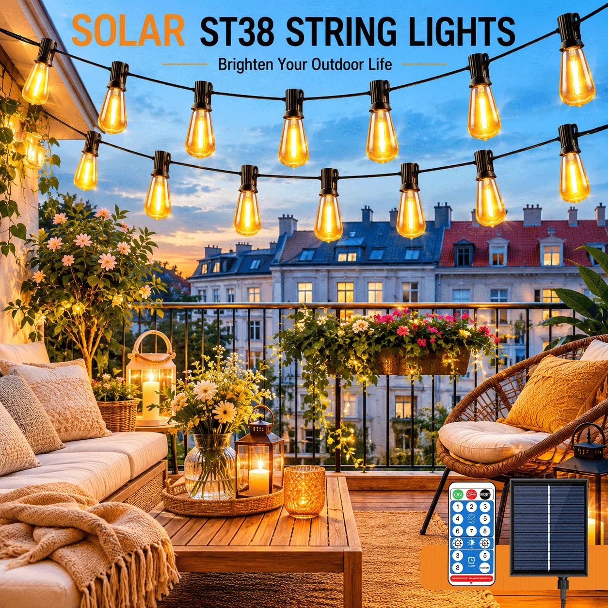 Aiopp ST38 Guirlande lumineuse solaire LED pour l'extérieur avec télécommande, 4 ampoules à base E12 étanches et incassables, lampe féerique suspendue pour patio, jardin, fête