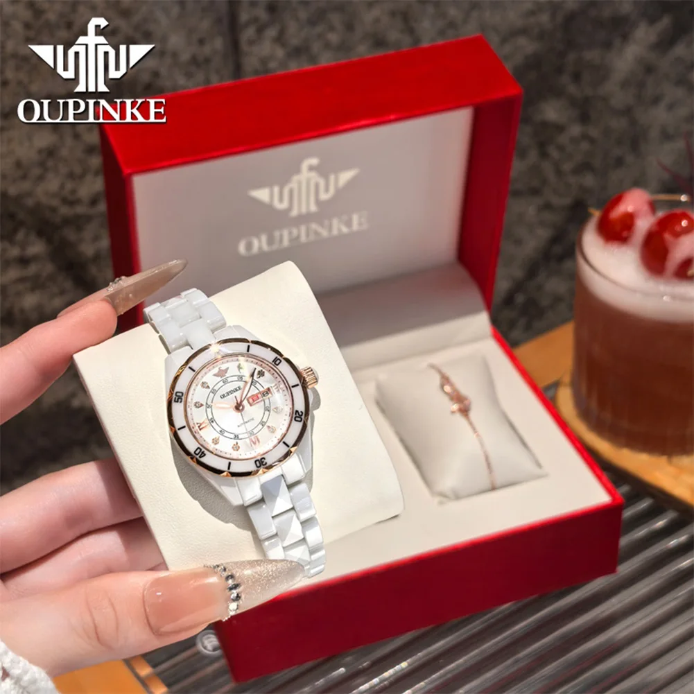 OUPINKE Top Brand Luxury Watches For Woman Ceramic Strap Automatic Mechanical Watch 50M Waterproof Week Date Ladies Watches 3301