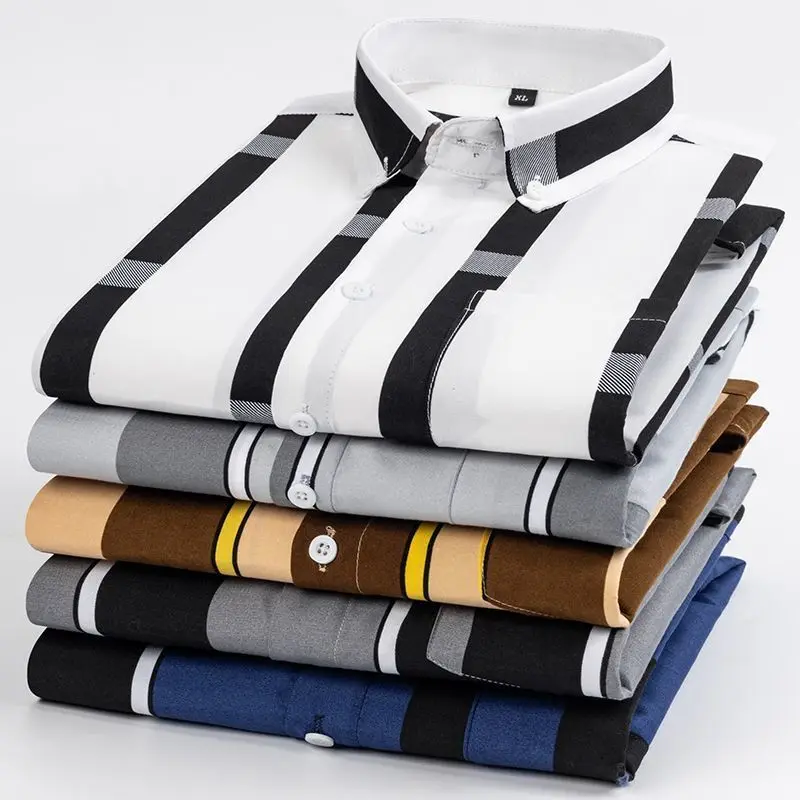 Y2k Spring and Autumn Men\'s Striped Shirt Long Sleeve Business Casual Square Collar Regular Fit Anti-wrinkle Pocket Male Shirt