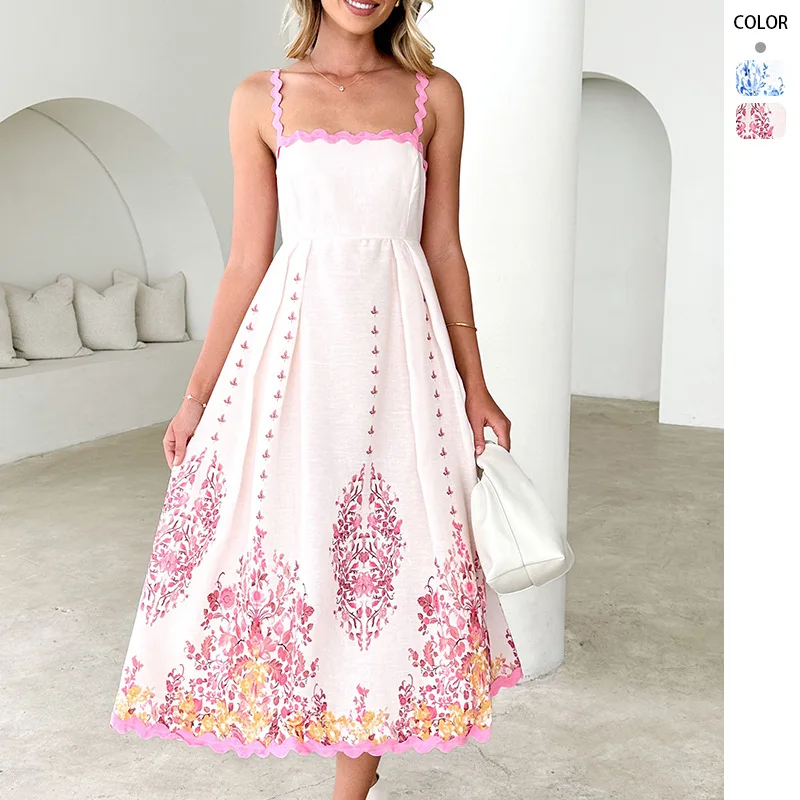 

Summer Women's Dress Printed Lace Suspender Sexy and Sweet Back Bow Strap A-line Skirt Vacation Long Dresses vestidos para mujer