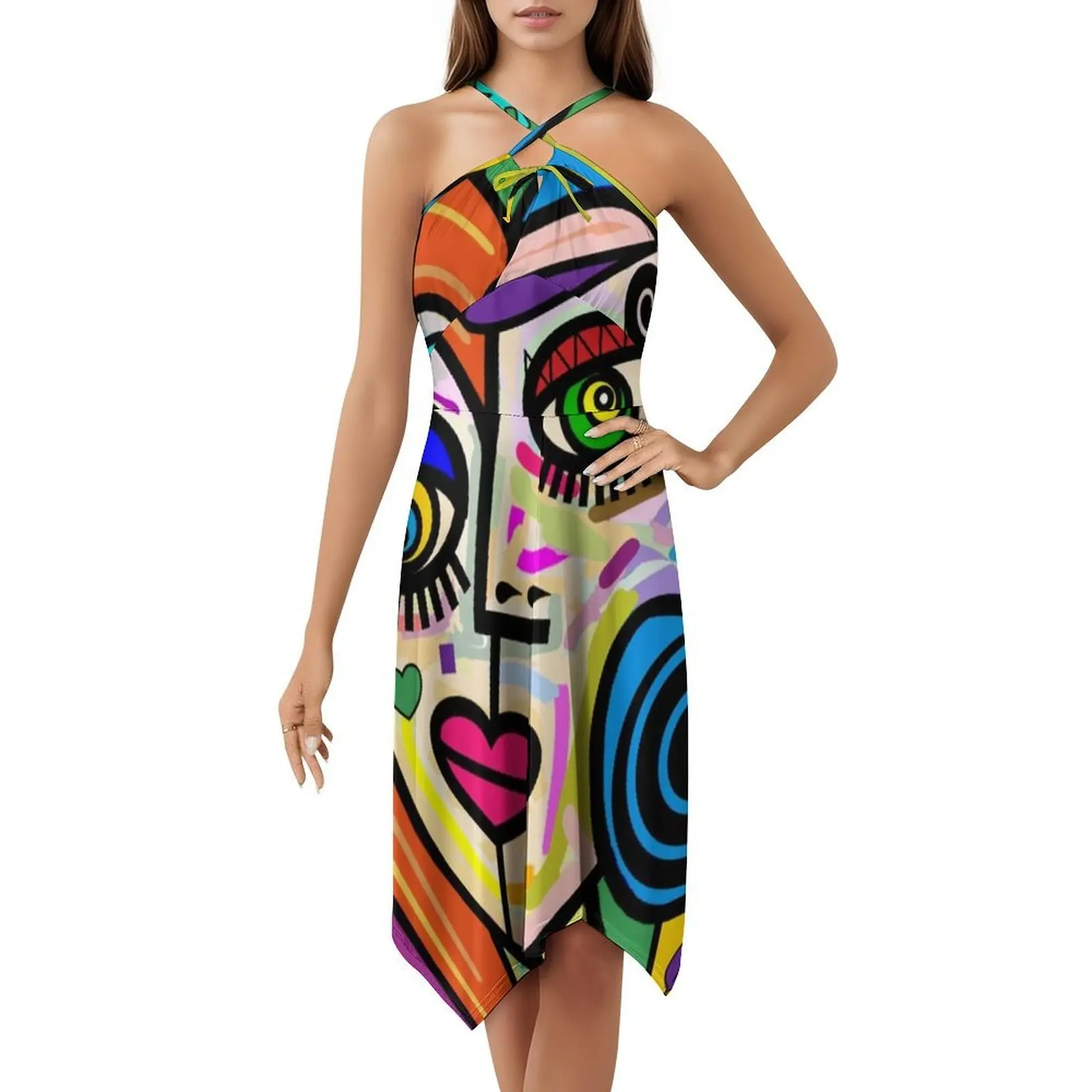 Funky senhoras rosto abstrato no 2 vestido blusa floral para mulheres primavera verão vestido casual para festa multicolorido picasso abstrato