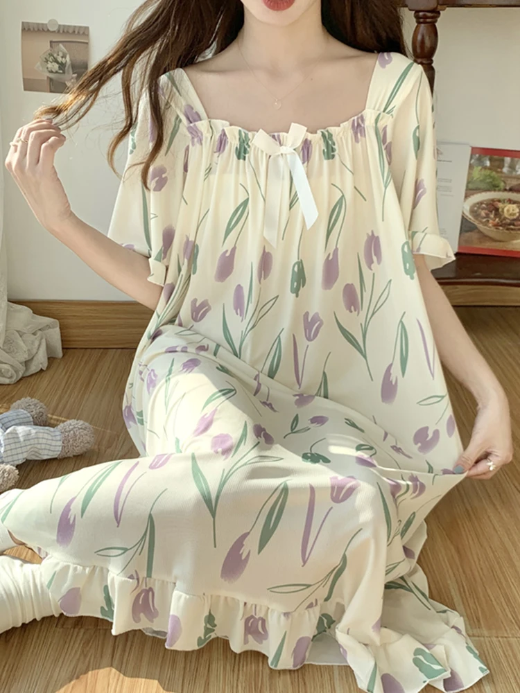 plus Size Sleep Dress Women Summer Ice Silk Short Sleeve 300 Pounds Medium Length Sweet Princess Style Home Skirt Sleepwear