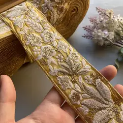 1 Yard 4.5cm Yellow Embroidery Flowers Sequin Fabric Gold thread Lace Ribbon Ethnic Clothing Dress Sewing Trims Craft Decoration