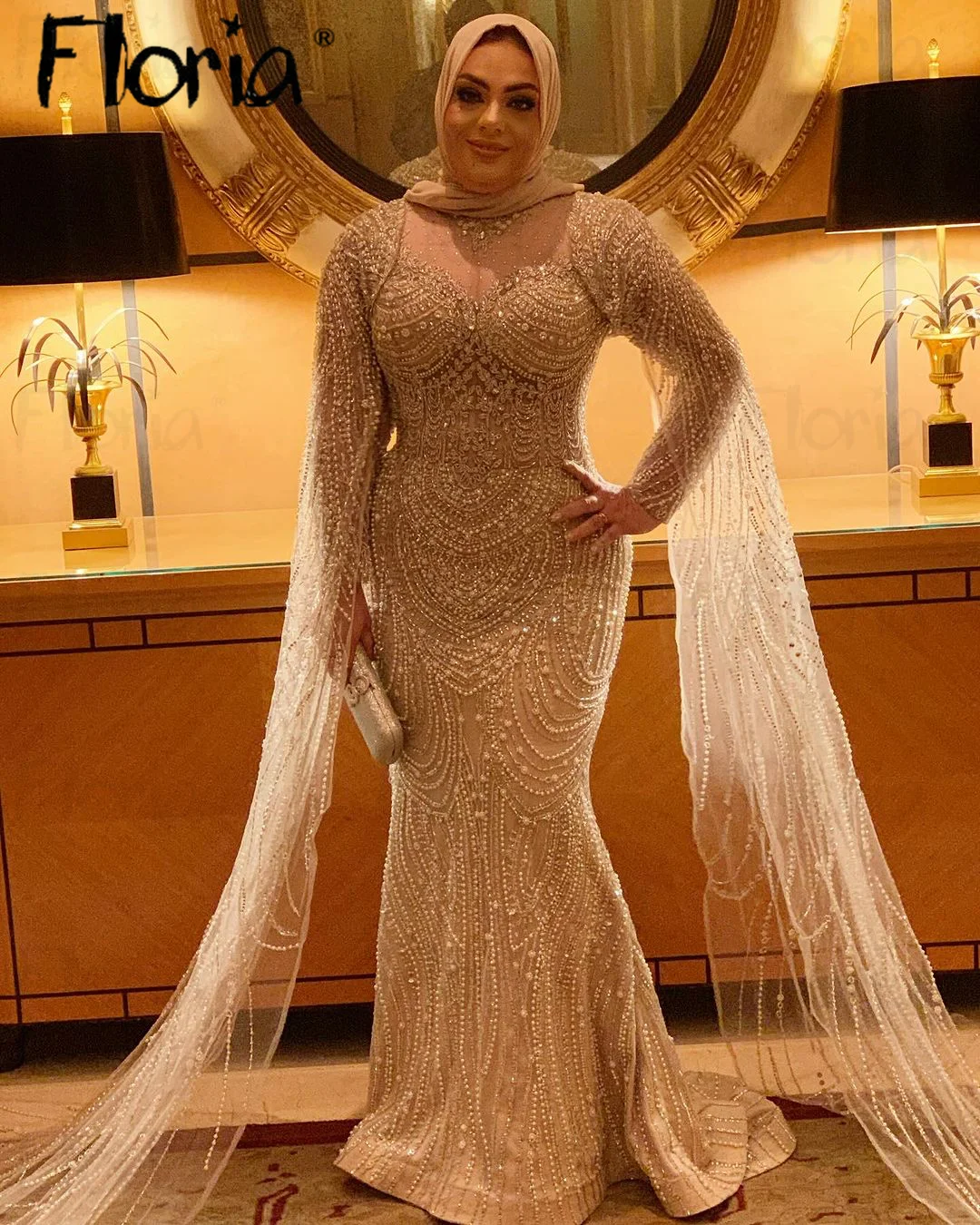 

Glitter Mermaid Long Cape Sleeve Dubai Women Evening Dress Nude Mesh Neck With Beaded Formal Prom Dress Wedding Party Gowns