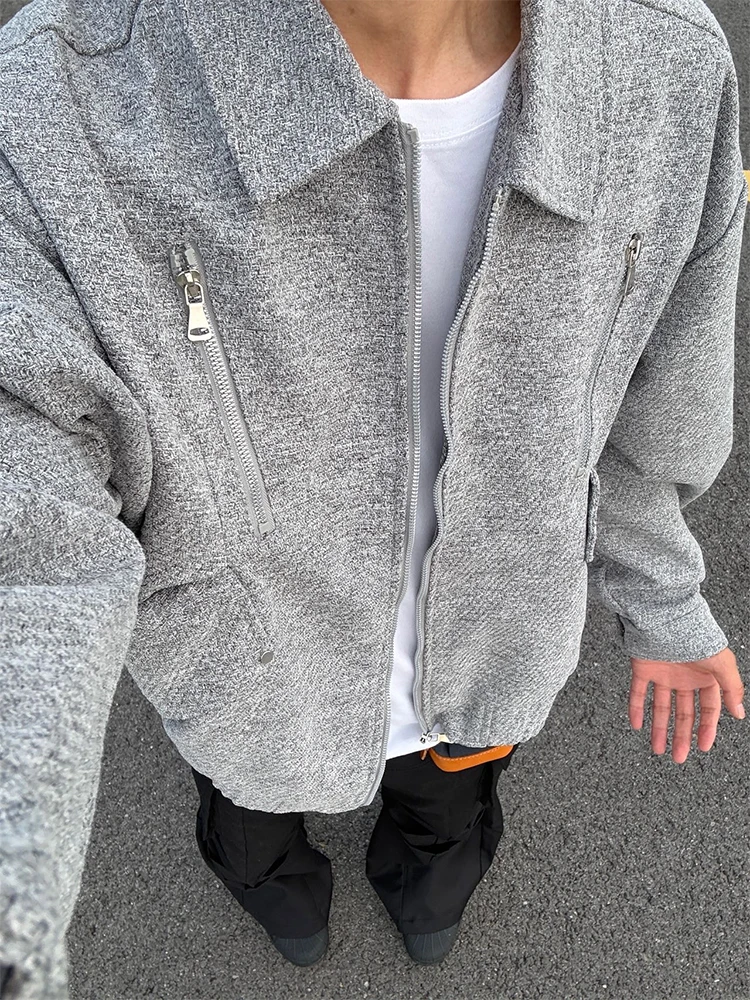 

Fall New Sle ort ey Diagonal Stripe Men's Jaet CleanFit American Pure Color High-End Feeling Cool Hard Guy Coat