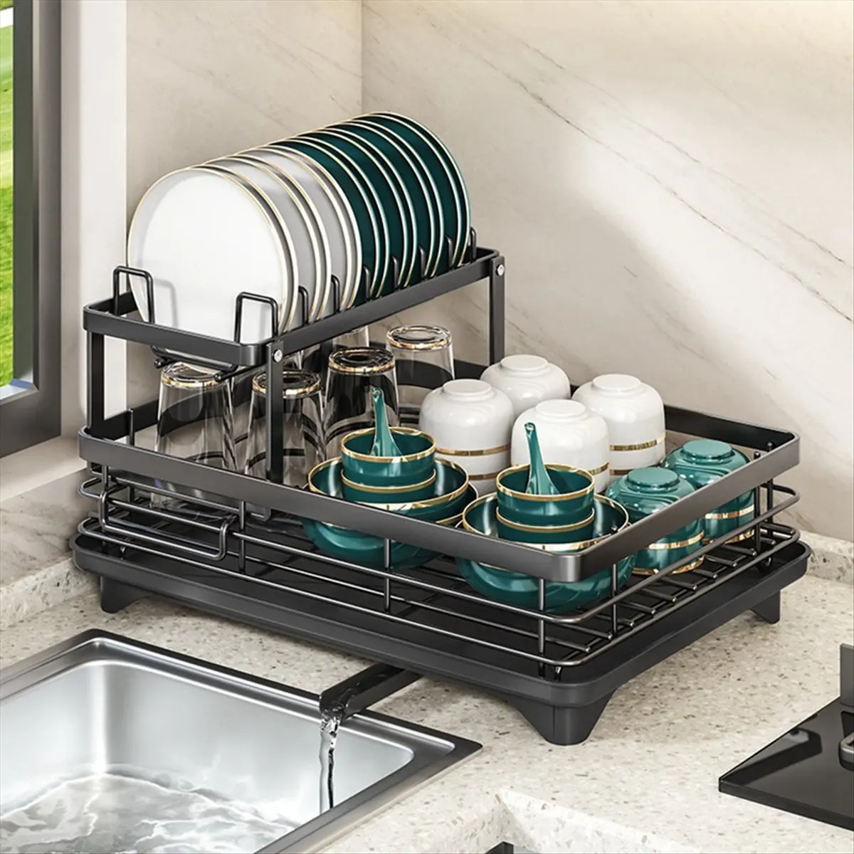 【~ New DT93】Carbon Steel Dish Rack with Drainboard, Sink Organizer, Dish Strainer Shelf for Kitchen Counter Storage B