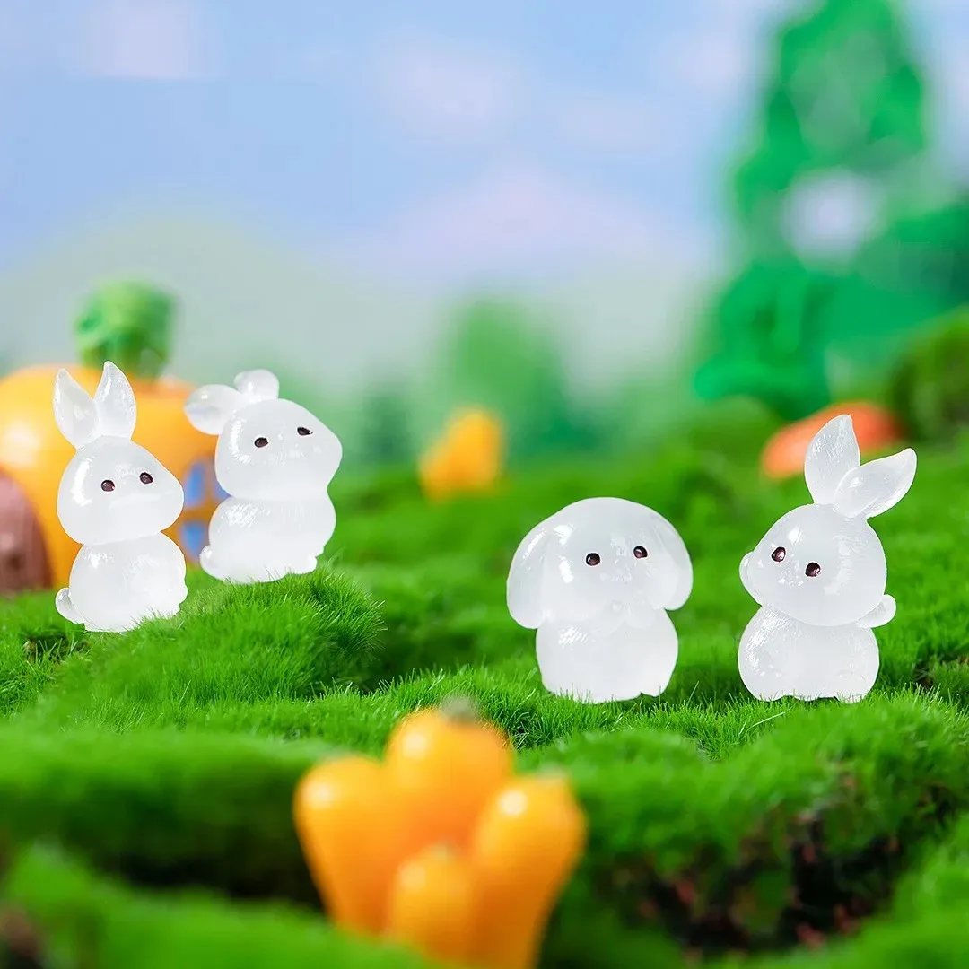8Pcs Glow In Dark Mini Rabbit Figurines 8 Different Poses Cute Bunny Fairy Garden Ornaments Luminous Home Desk Decoration