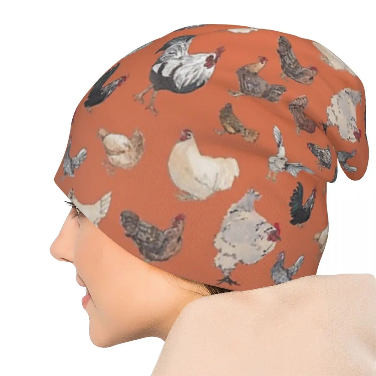 الدجاج سعيد في العميق البرتقالي Skullies Beanies القبعات الدافئة الخريف الشتاء في الهواء الطلق قبعة محبوك قبعات بونيه للجنسين الكبار