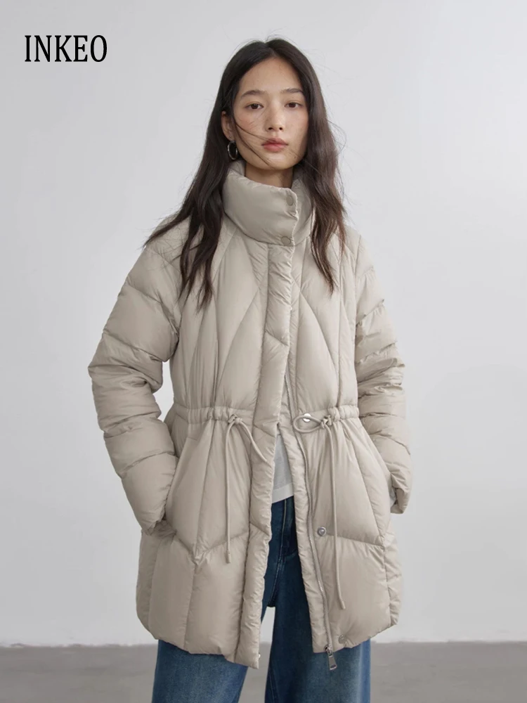 럭셔리 여성용 하이넥 다운 재킷 따뜻한 2026 겨울 우아한 조절 가능한 허리 퍼퍼 코트 루즈한 고품질 INKEO DJ641