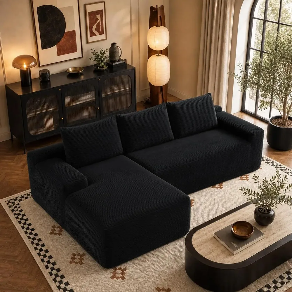 Black 96.9 Inch Right Chaise Sectional Sofa, Boneless Corduroy Cloud Couch with Spring Coils & High-Resilience Foam,, Custom
